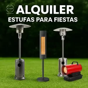 Imagen promocional de estufas tipo hongo, eléctricas e industriales para alquiler en fiestas y eventos en Montevideo