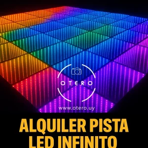 Pista LED Infinito iluminada con luces RGB en tonos degradados, con efecto espejo y logo de Otero en la esquina, destacando el servicio de alquiler para eventos.